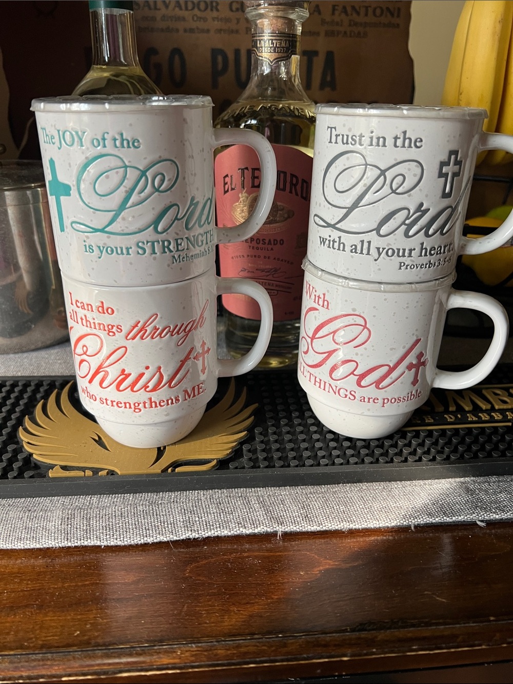 Inspirational Faith Ceramic Mug Set in Teal, Coral & Black